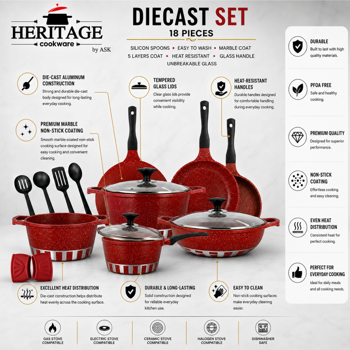 Homage 18-Piece Marble Non-Stick Die-Cast Cookware Set