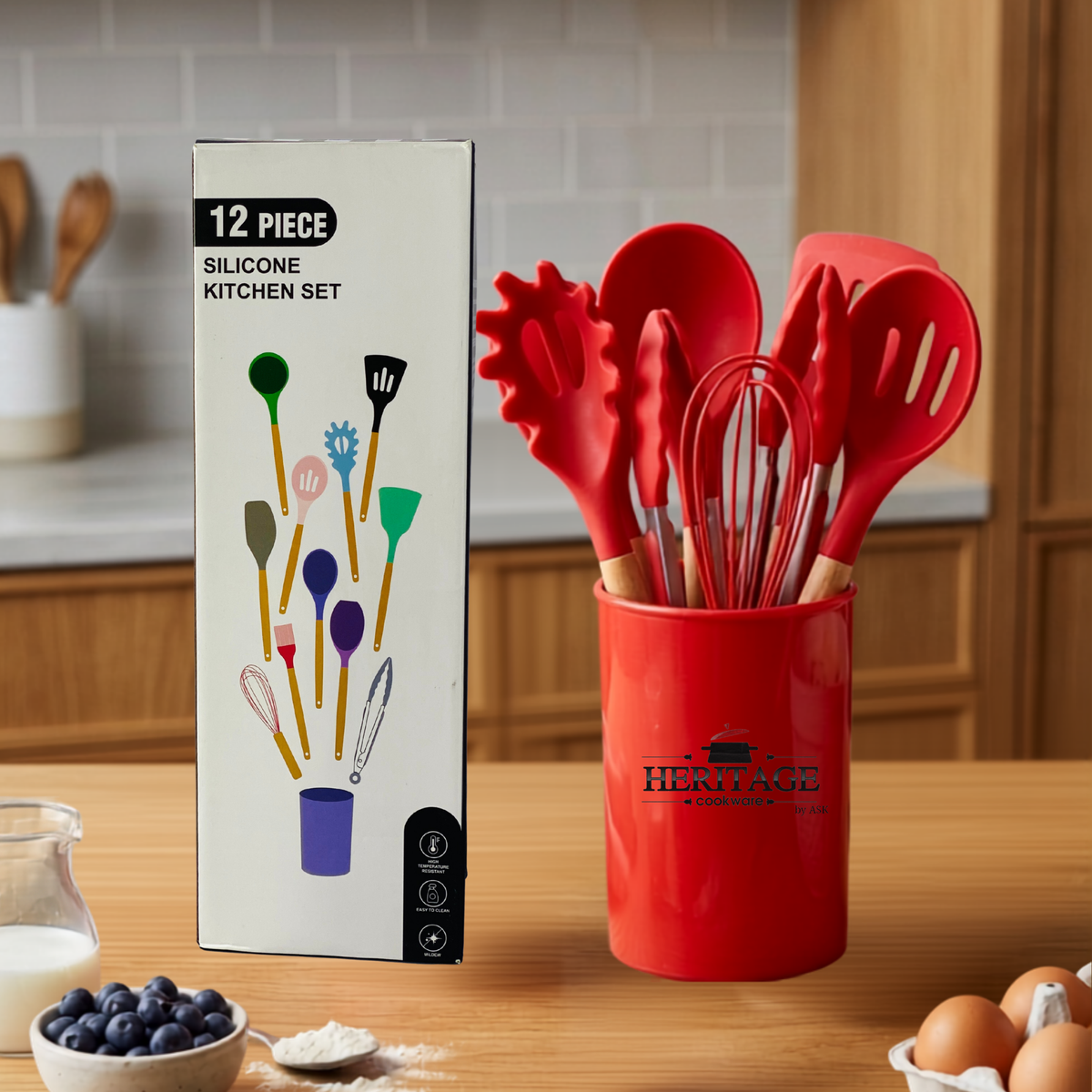 Heritage 12 PCS Silicone Kitchen Utensils Set with Wooden Handles