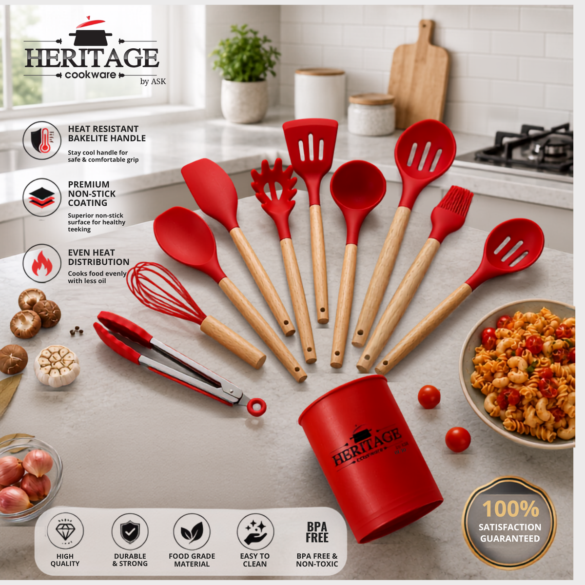 Heritage 12 PCS Silicone Kitchen Utensils Set with Wooden Handles