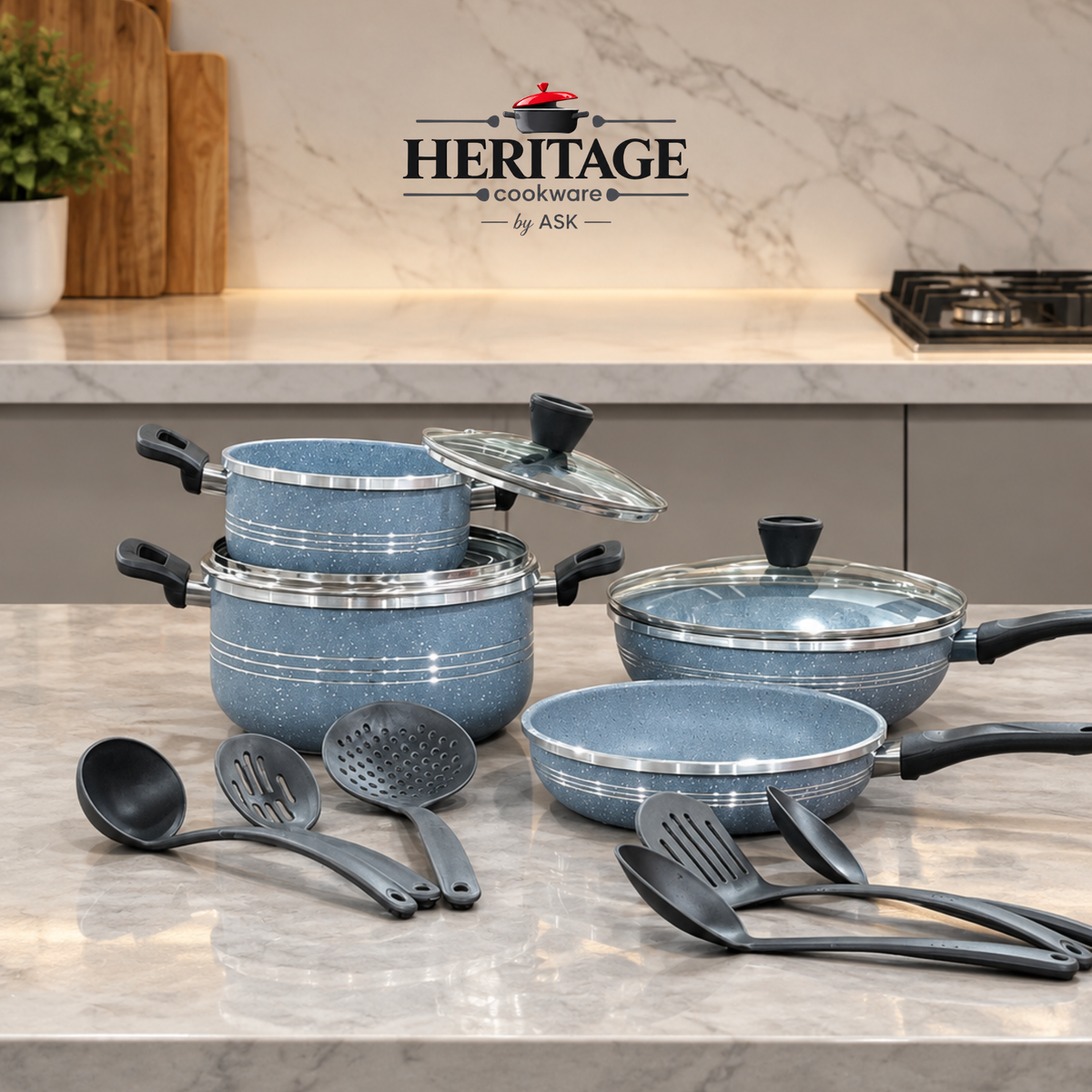 13 PCS ITALIAN NONSTICK MARBLE COATED GIFT SET--Free Gift