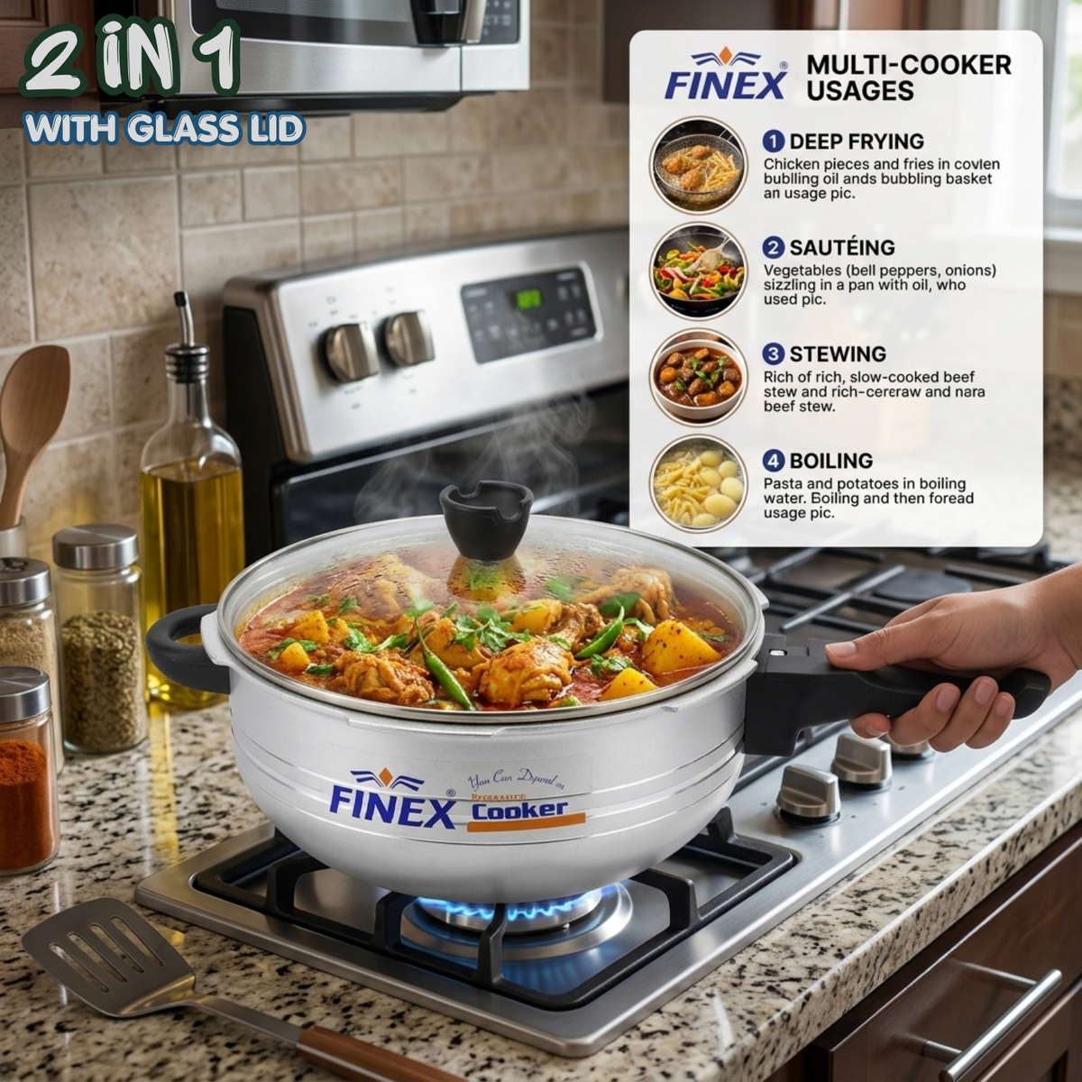 Finex Pressure Cooker Karahi 2-in-1 with Glass Lid