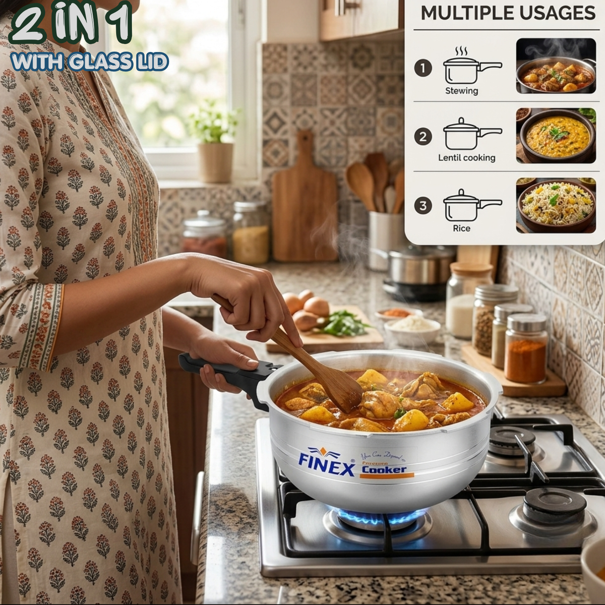 Finex Pressure Cooker Karahi 2-in-1 with Glass Lid