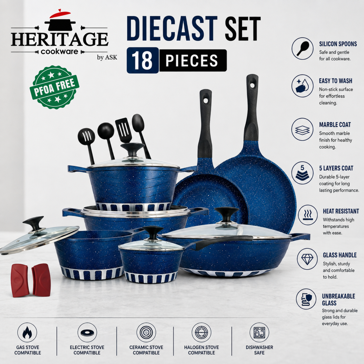Homage 18-Piece Marble Non-Stick Die-Cast Cookware Set
