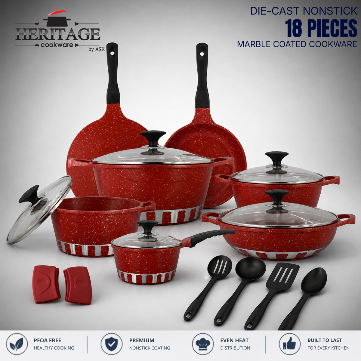 Homage 18-Piece Marble Non-Stick Die-Cast Cookware Set