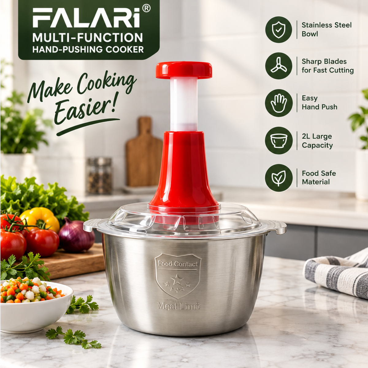 FALARI Multi-Function Hand-Pushing Food Chopper | 2L Large Capacity Stainless Steel Bowl | Manual Vegetable & Meat Chopper