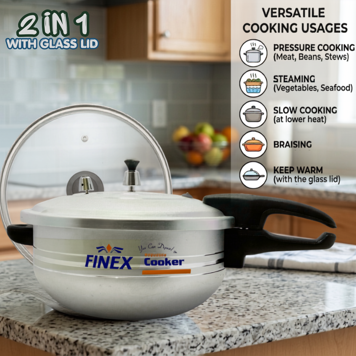 Finex Pressure Cooker Karahi 2-in-1 with Glass Lid