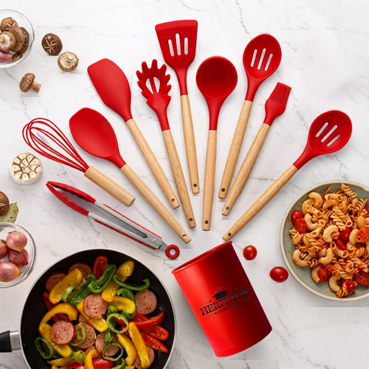 Heritage 12 PCS Silicone Kitchen Utensils Set with Wooden Handles
