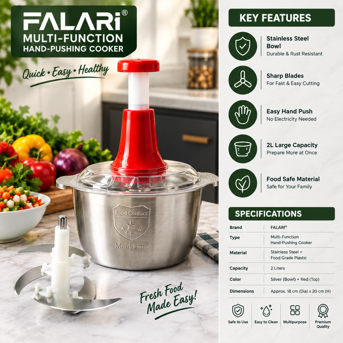 FALARI Multi-Function Hand-Pushing Food Chopper | 2L Large Capacity Stainless Steel Bowl | Manual Vegetable & Meat Chopper