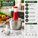 FALARI Multi-Function Hand-Pushing Food Chopper | 2L Large Capacity Stainless Steel Bowl | Manual Vegetable & Meat Chopper