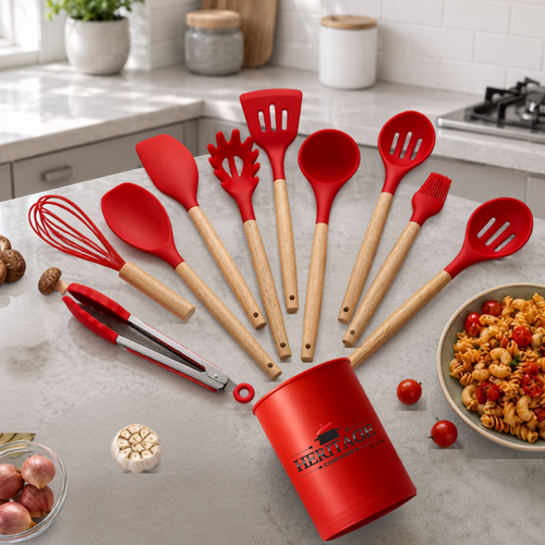 Heritage 12 PCS Silicone Kitchen Utensils Set with Wooden Handles