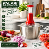FALARI Multi-Function Hand-Pushing Food Chopper | 2L Large Capacity Stainless Steel Bowl | Manual Vegetable & Meat Chopper