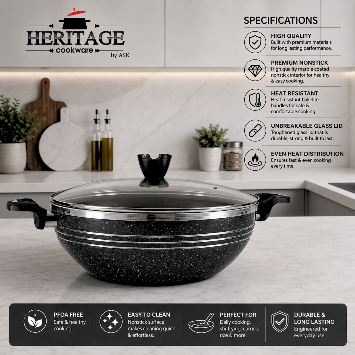 Heritage 30 CM Premium Marble Coated Karahi