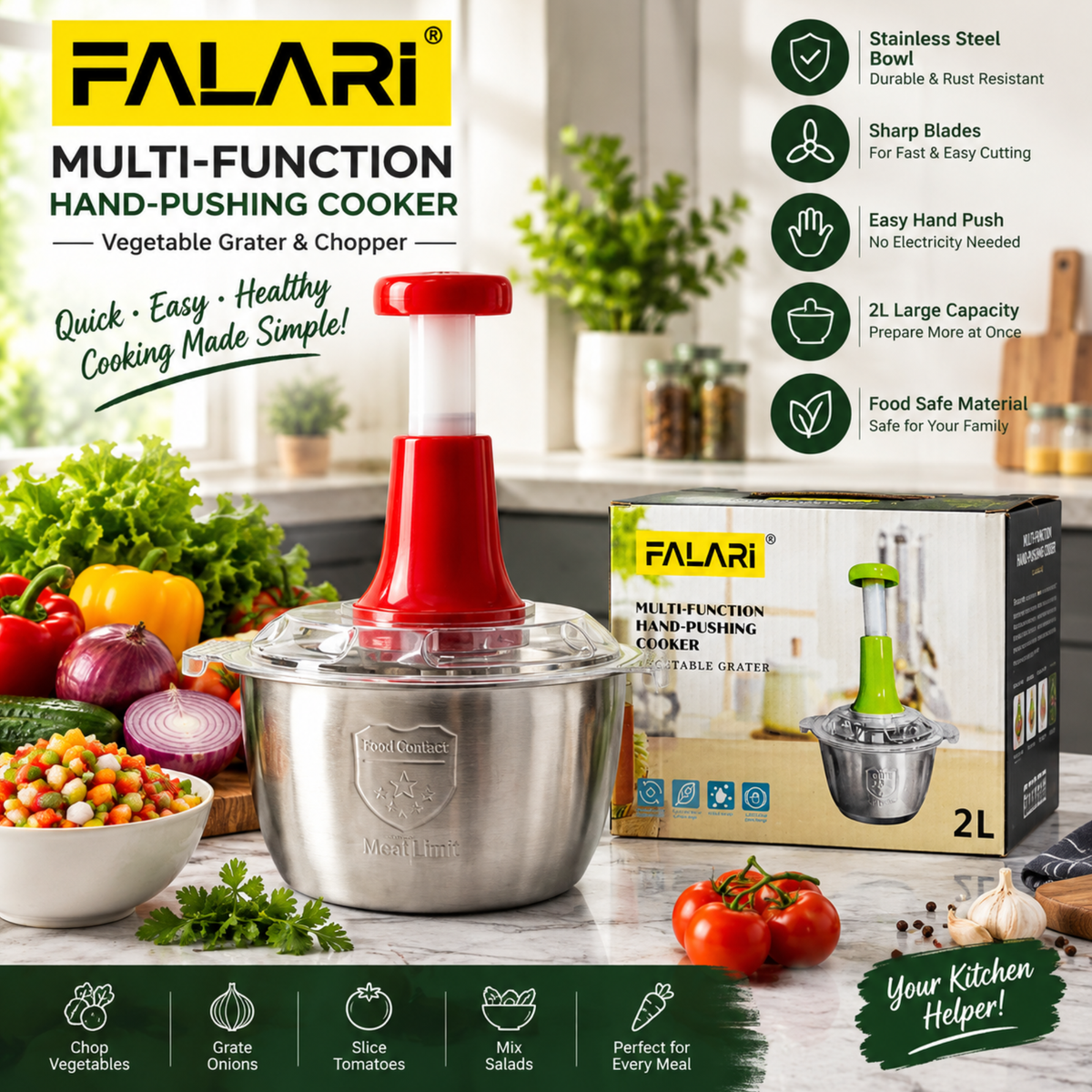 FALARI Multi-Function Hand-Pushing Food Chopper | 2L Large Capacity Stainless Steel Bowl | Manual Vegetable & Meat Chopper