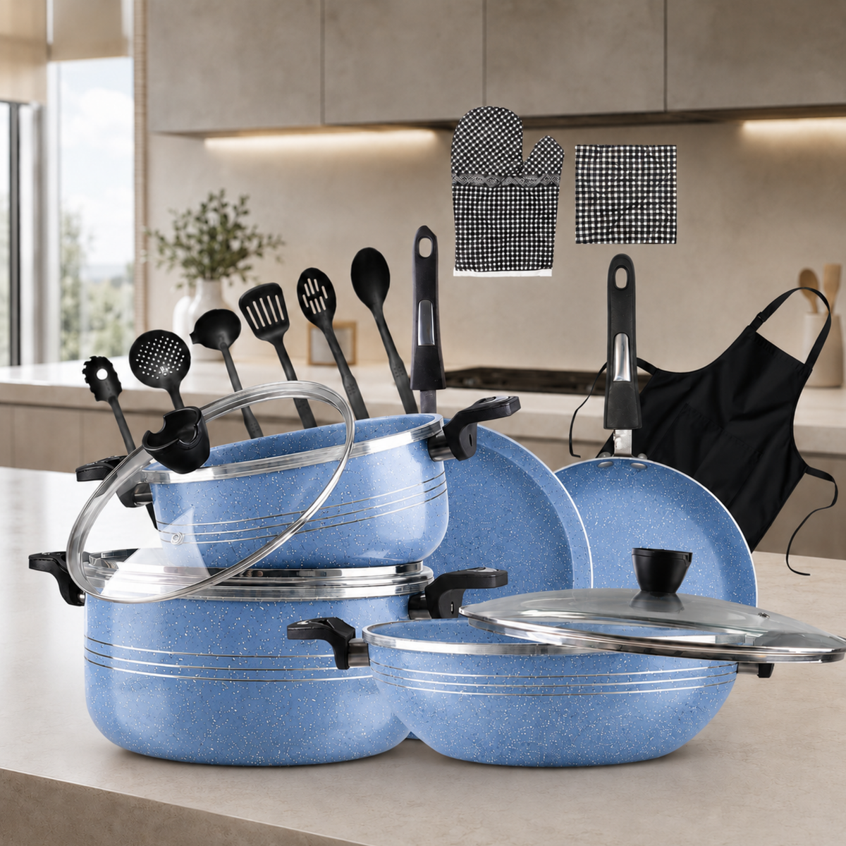 Italian 17 PCS Premium Marble Coated Non-Stick Cookware Set