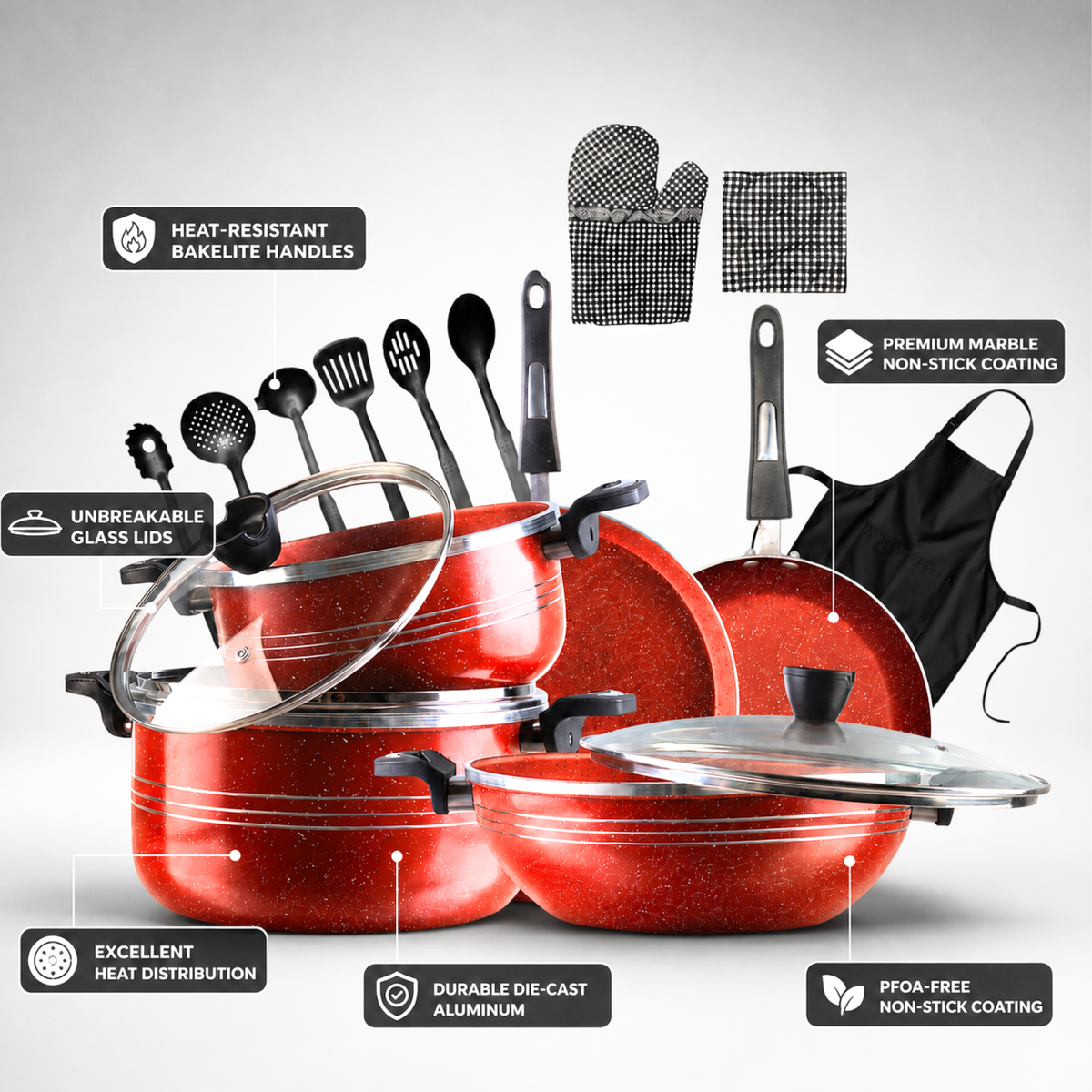 Italian 17 PCS Premium Marble Coated Non-Stick Cookware Set